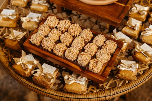 Plateau en bois avec des douceurs au praliné, entouré de petits cadeaux emballés avec des rubans.